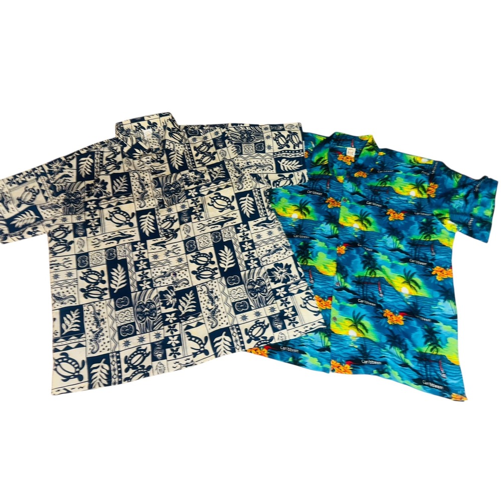 2 Creations Vintage Mens XL Hawaiian Shirt Beach Palm Tree Aloha Button Up